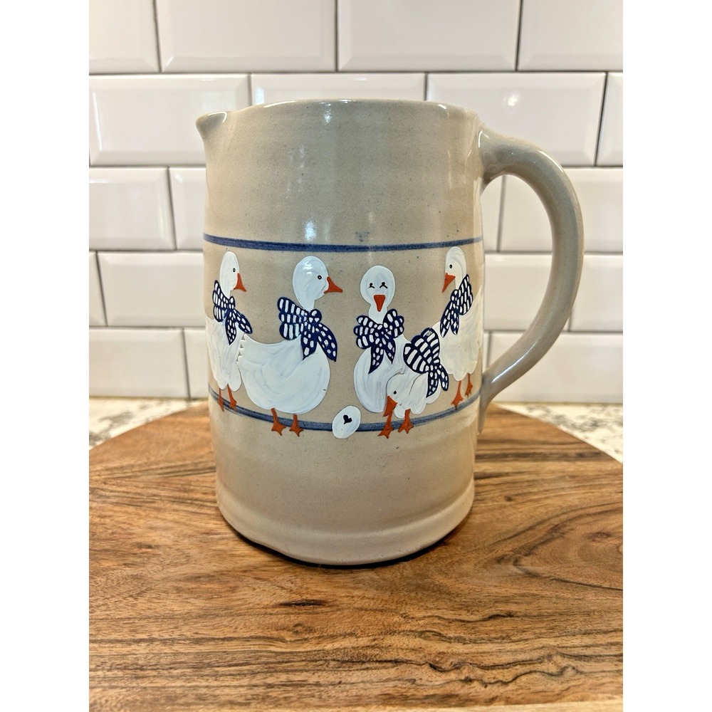 Vintage Earthenware‎ Stoneware Pitcher Painted Goose Farmhouse Cottagecore